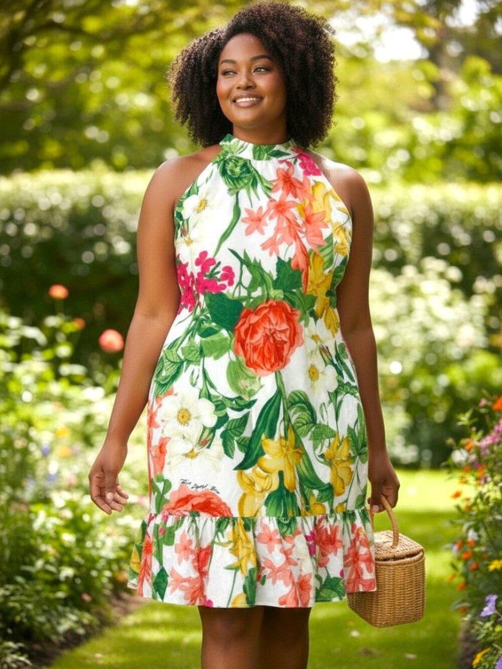 Karl Lagerfeld Women's Floral Halter Dress in White, Yellow, Pink, Green Size 14 - Picture 2 of 14